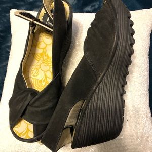 Fly London Wedge Open Toe Sling Back Black Sandals -adjustable velcro back strap